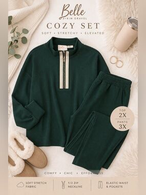 Belle by Kim Gravel Green Lounge Set Top 2X Pants 3X Cozy Chic